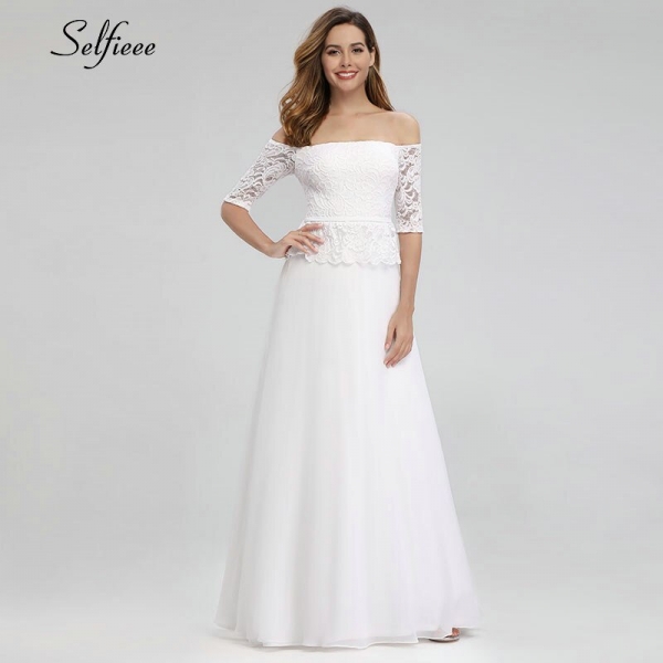 Maxi Dresses Off The Shoulder A-Line Half Sleeve White Lace