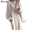 Beige Lantern Sleeve Tunic V Neck Shirt Dress Women Side Pocket Half Sleeve