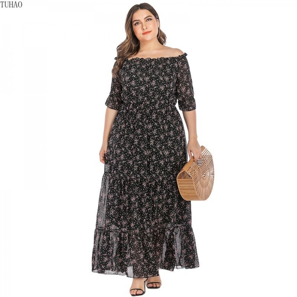 Large Size Office Ladies Slash Neck Floral Dress Half Sleeves Ruffles Stitching Maxi Dresses Woman Clothes TMZ7102