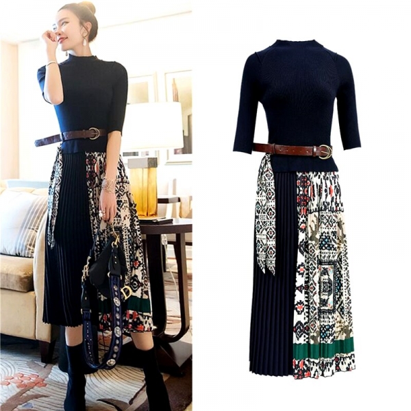 Fashion Boutique Women Knitted Dress Half Sleeve Printing Pleated Patchwork Dress Women Elegant Work wear Ladies Clothes SL175