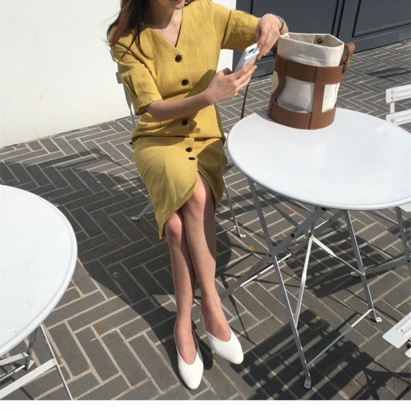 New Summer Dress Women Cotton Linen OL Casual Half Sleeve Dresses Female Dress V neck Solid Yellow Dress Boho Robe Femme Vestido 3 Sunshine Glow: Cotton Linen V-Neck Summer Dress for Women