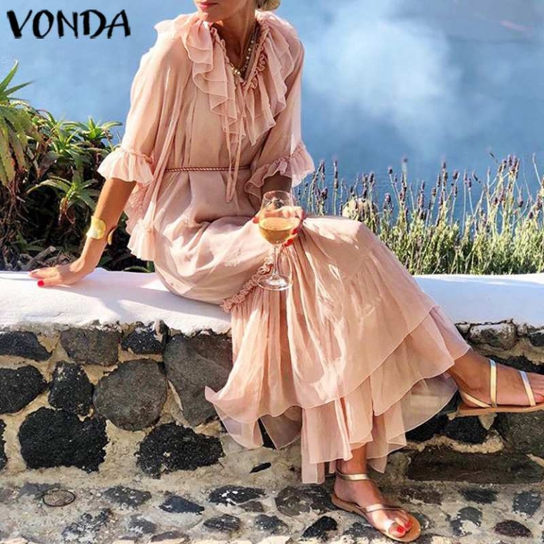 VONDA Solid Color Long Dress 19 Sexy V Neck Half Sleeve Vintage Dresses Beach Sundress Holiday Bohemian Vestidos Party Robe