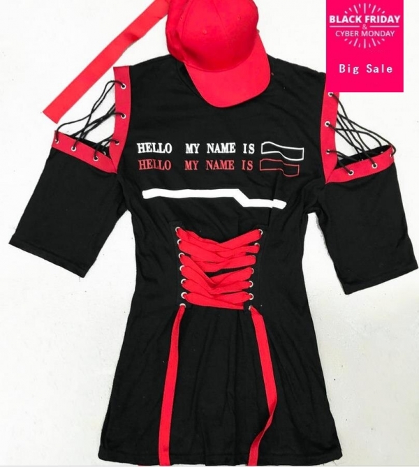 Half Sleeves Lace up High Waist Tunics black red Especially