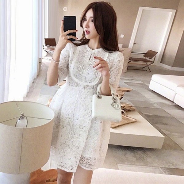 Princess Women's Dress 19 Summer Fashion Party Ladies O-Neck Bow Tie Elegant Half Sleeve Empire White A-Line Dress Above Knee