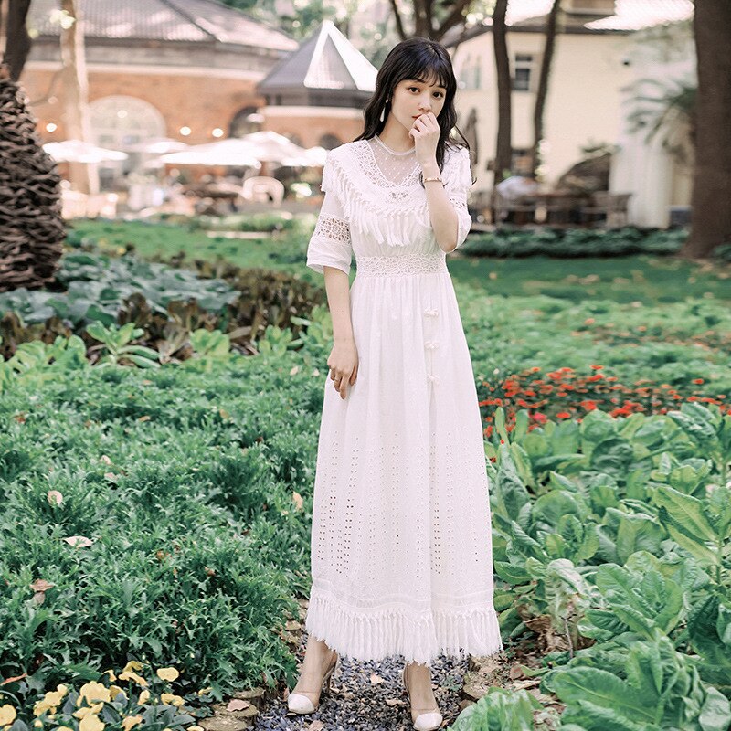 Foamlina Summer Women White Long Dress Sexy Dot Mesh Patchwork Half Sleeve Tassels Hollow Out Casual Female Beach Maxi Dress 2 White Long Dress Sexy Dot Mesh Patchwork Half Sleeve Tassels Hollow