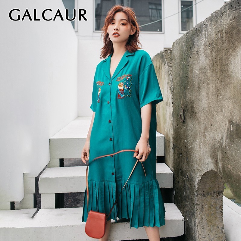 GALCAUR Summer Embroidery Women Dress Lapel Half Sleeve Oversized Button Pleated Shirt Dresses Female Fashion 19 Korean