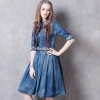 Summer Casual Vintage Women Designer Embroidery Sash Pleated Half Sleeve Denim Dress , 19 Woman Mandarin Collar Jeans Dresses