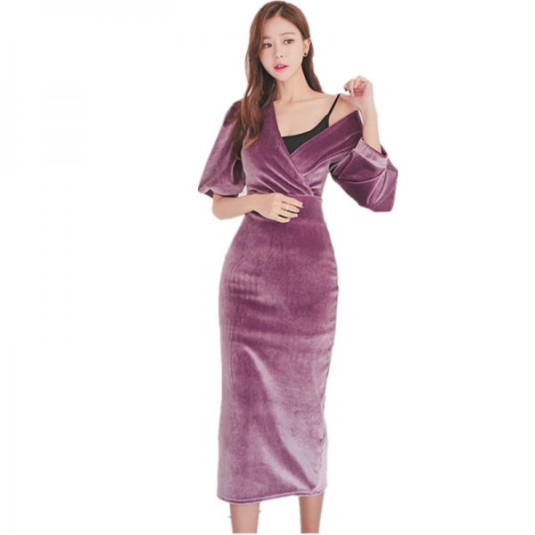 HAMALIEL High Quality Velvet Half Pull Sleeve Pencil Dress 19 Fashion Spring Women Sheath Bodycon OL Dress Slim Party Dress