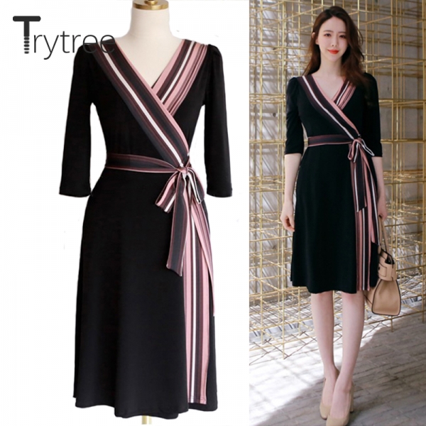Trytree Summer Autumn Dress Women Casual 18 shirt Polyester Black A-Line Half Sleeve Dresses Black Chiffon dress kyliejenner 1 Casual 18 shirt Polyester Black A-Line Half Sleeve Dress