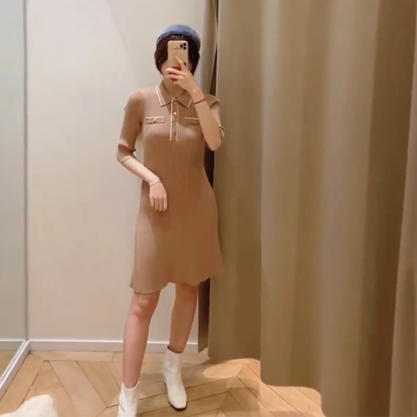 Women Knitted Dress Elastic Turn Down Collar Half Sleeve Sweet Patchwork Knitted Dresses 1 Knitted Dress Elastic Turn Down Collar Half Sleeve Sweet Patchwork