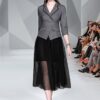 Spring Autumn Office Ladies Long Dress – Gray Black Patchwork Mesh Half Sleeve Casual Work Dress for Women