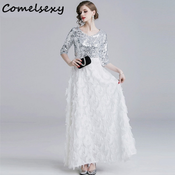 V-neck Long Dress Elegant Sliver Sequin Women Evening Party