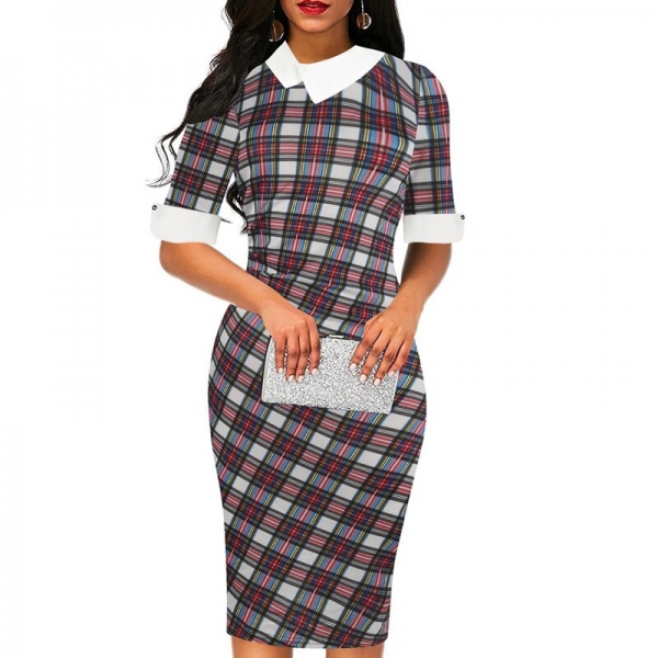 Fmasuth Plaid Dresses for Women Half Sleeve Knee Length Office Business Elegant Office Clothing Dress ox276-1 Fmasuth Plaid Dresses for Women Half Sleeve Knee Length Office Business Elegant Office Clothing Dress ox276-1