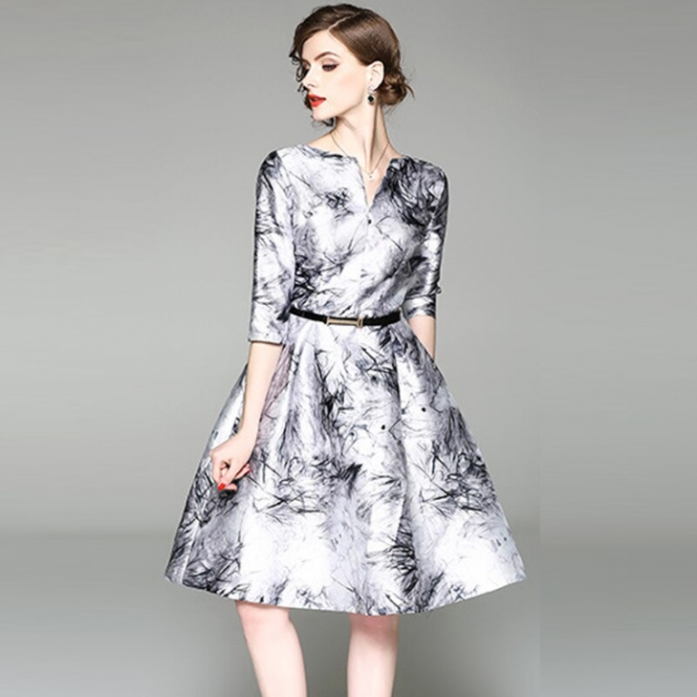 Chinese Style Print Floral Dresses Women Half Sleeve V-neck Big Swing A-Line Dress Ladies Spring Summer Slim Dress YP2246