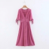 19 Spring New Arrival All Match Slim Deep V Neck Knotted Half Sleeve Women Dresses Single Breasted Summer Dress Free Shipping