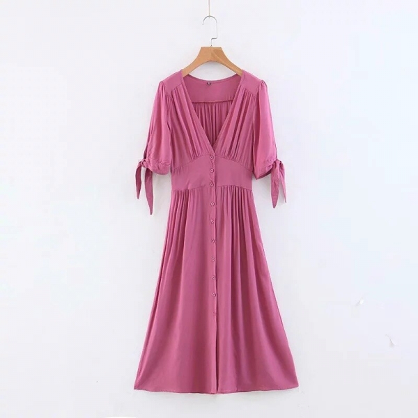 19 Spring New Arrival All Match Slim Deep V Neck Knotted Half Sleeve Women Dresses Single Breasted Summer Dress Free Shipping