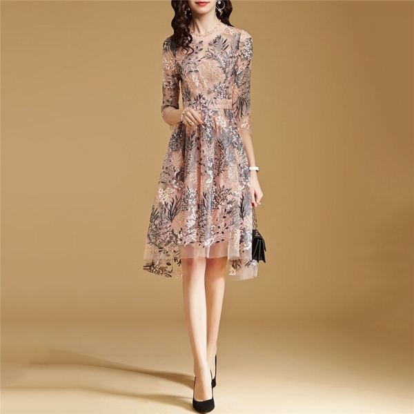 Lace Dress Pink S-2XL 19 New Spring Korean High Waist Slim A Line Dress Embroidery Mesh Half Sleeve Party Dress Vestidos CX816 1 Korean High Waist Slim A Line Dress Embroidery Mesh Half Sleeve