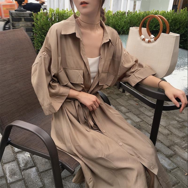 Women cardigan pocket half Sleeve Brown Dress Oversize Collar Buttons Long Shirt Dresses Women Casual Dress Robe Femme