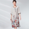 Vintage Dress Women Plus Size Silk Linen Embroidery Spring Summer Fashion V-neck Half sleeve Side split Loose A Line Dress
