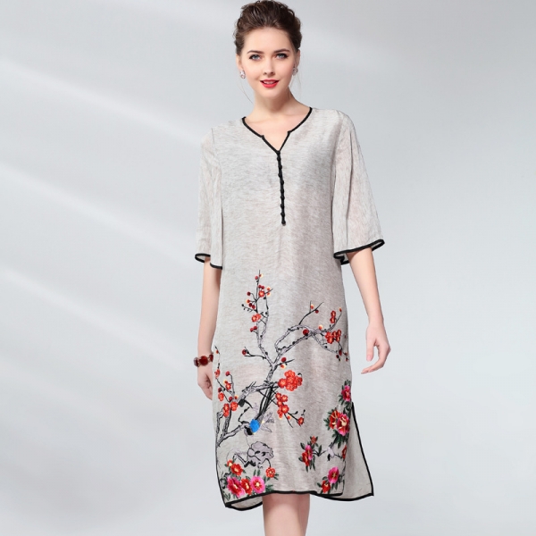 Vintage Dress Women Plus Size Silk Linen Embroidery Spring Summer Fashion V-neck Half sleeve Side split Loose A Line Dress Vintage Dress Women Plus Size Silk Linen Embroidery Spring Summer Fashion V-neck Half sleeve Side split Loose A Line Dress