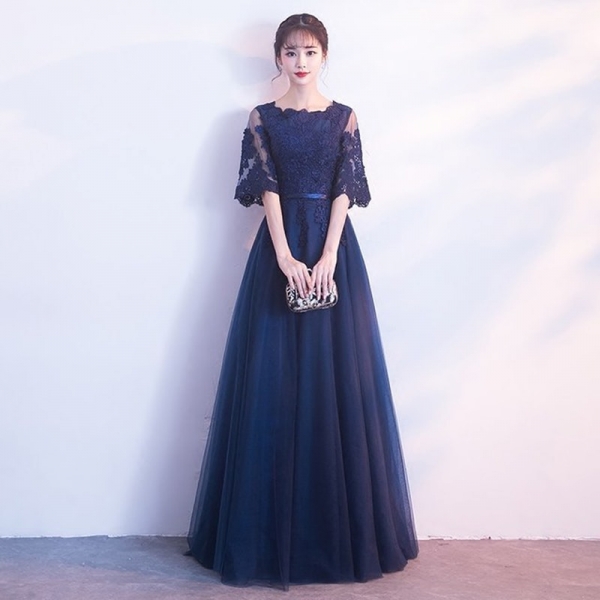Navyblue Lace Banquet Evening Long Dress 19 Brand New Half Sleeve Dresses Elegant Princess Slim Long Vintage Style 1 Navyblue Lace Banquet Evening Long Dress 19 Brand New Half Sleeve