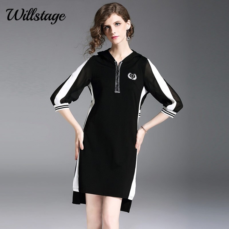 Willstage 18 Autumn Black Dresses Half sleeve Elegant Irregular Dress with hoodies Women Striped Patchwork Casual Vestidos