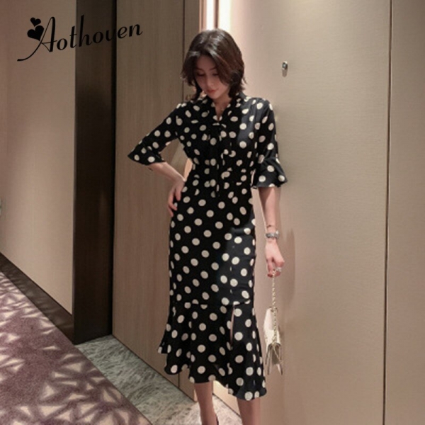 Half Sleeve Dot Mermaid Dress Elegant Bandage
