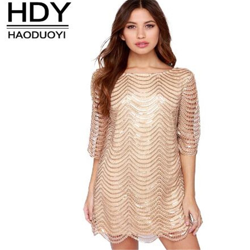 Haoduoyi The new Women’s Fashion cute slim Loose Hollow out Wave Sequin Dress Five-Sleeve Straight Dress