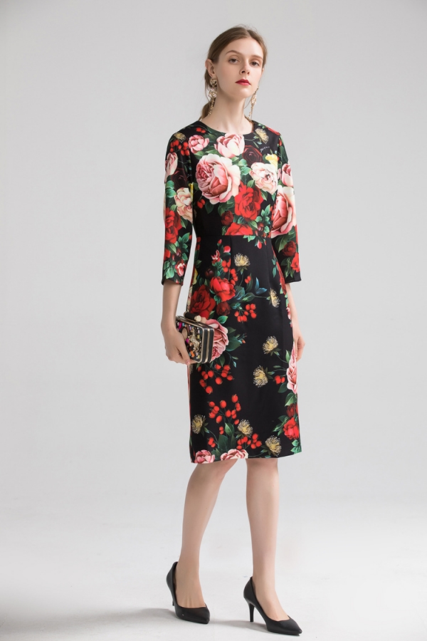 High quality floral print dress 19 autumn fashion half sleeves elegant dress