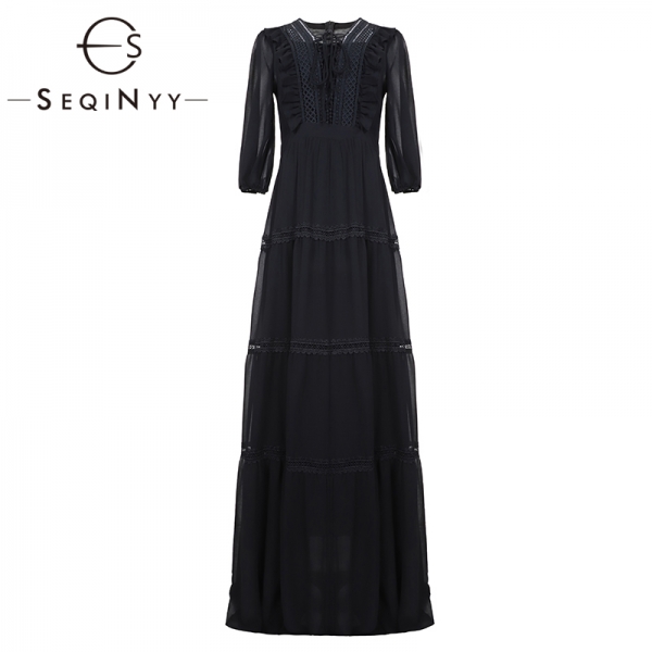 SEQINYY Chiffon Long Dress 19 Summer Spring New Fashion Design Half Sleeve Bow Lace Ruffles Elegant Maxi Dress Women 1 Long Dress 19 Summer Spring New Fashion Design Half Sleeve Bow Lace