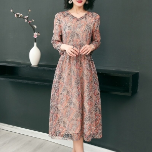 19 New Women's Clothing Spring Summer Fashion Flowers Printing V-neck Dress Half Sleeves Rayon Chiffon Dresses Female