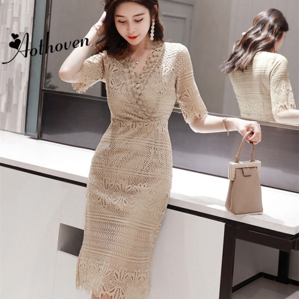 Summer Sheath Lace Dresses V Neck Half Sleeve Vintage Bandage Dress Women Office Bodycon Sexy Party Midi Ladies Sundress Vestido