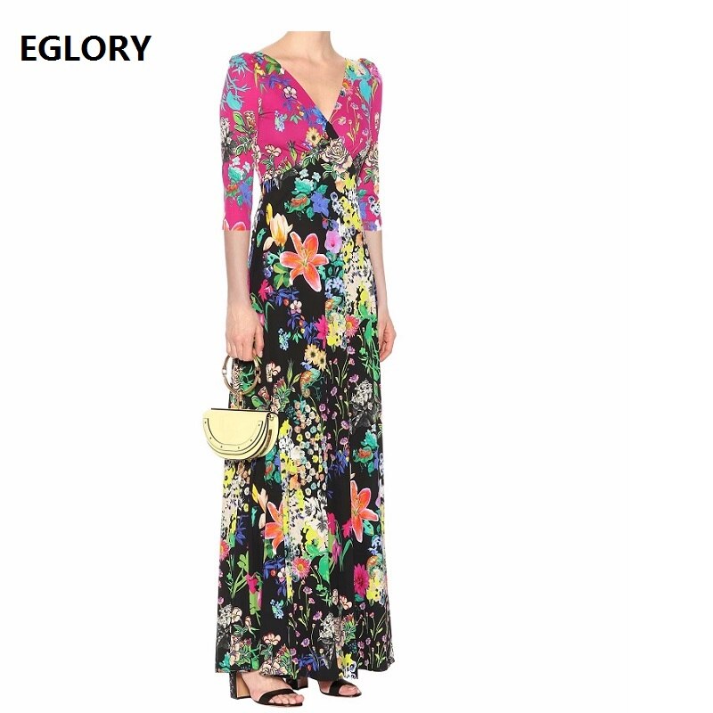 100%Silk Jersey Women Long Dress New 19 Spring Summer Women V-Neck Charming Flower Print Half Sleeve Slim Fit & Flare Dress