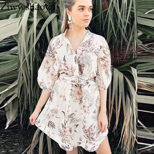 Ziwwshaoyu Linen elegant print bandage waist half sleeve dress stand collar drop shoulder puff sleeve dress