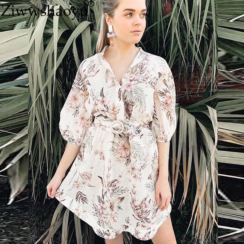 Ziwwshaoyu Linen elegant print bandage waist half sleeve dress stand collar drop shoulder puff sleeve dress
