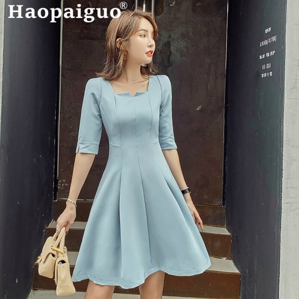 Empire Big Swing OL Office Dress Women Square Collar Half Sleeve Casual Ladies Dress Loose Short Party Dress Vestidos De Verano