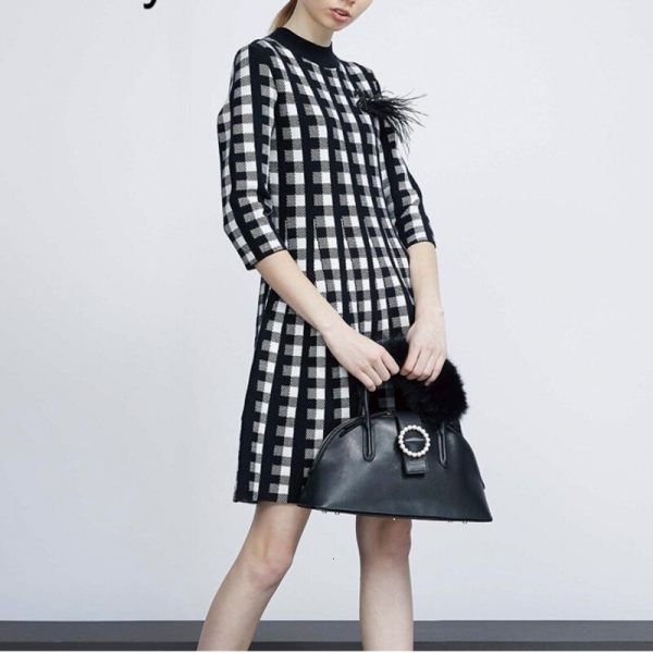 Sweater Dress Autumn Winter Retro Houndstooth