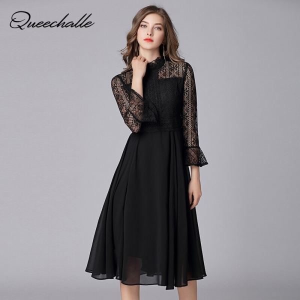 Queechalle L - 5XL Plus Size Chiffon Dress Women Hollow Out Flare Half Sleeve Floral Crochet Casual Lace Dress Femininas Vestido