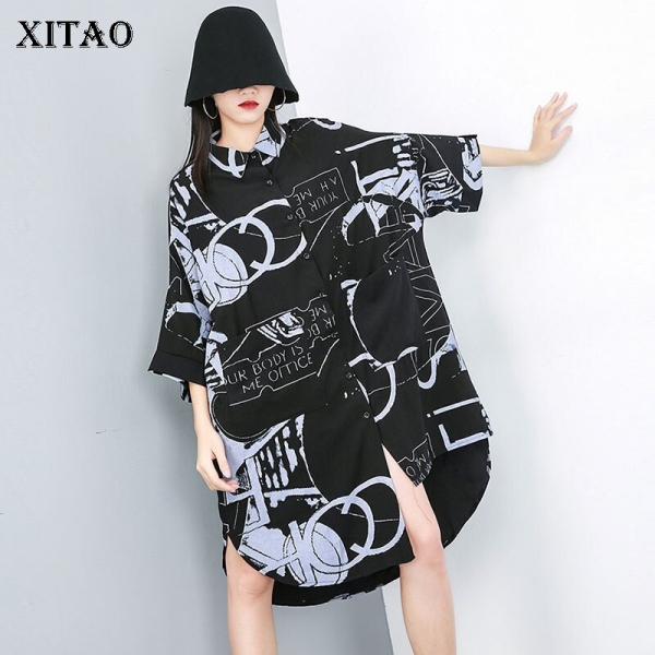 [XITAO] Casual Women Fashion 19 Summer Turn-down Collar Half Sleeve Loose Dress Female Irregular Button Mid-calf Dress ZQ1707