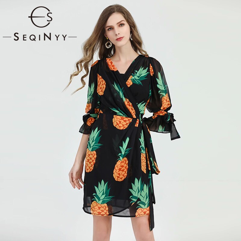 SEQINYY Chiffon Dress  Summer Spring New Fashion Design Women Half Sleeve Pineapple Printed Mini Dress Black