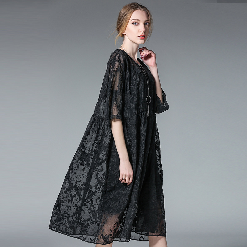 19 two pieces spring summer fashion dresses plus size half sleeve floral embroidery silk women oversized casual dress black
