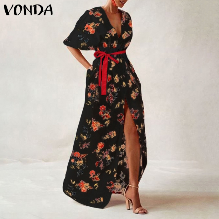 VONDA Women Vintage Printed Maxi Long Party Dress Sexy V Neck Short Sleeve Casual Loose Summer Beach Dresses Plus Size Vestidos