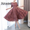 Xnxee Luxury O-Neck Half Sleeve Embroidery Zipper Dresses A-line Tea Length Formal Dress Vestido de novia