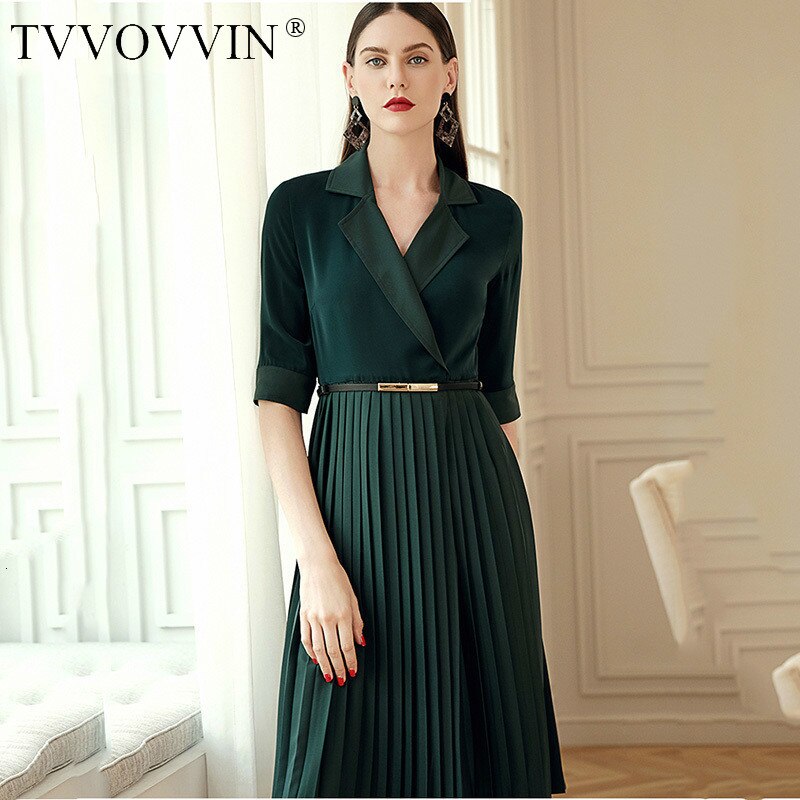 TVVOVVIN 19 Autumn Winter Woman Temperament Solid Green Color Notched Half Sleeve Adjustable Waist Long Pleated Dress M94