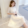 Retro Summer Flower White Dress Women Hollow Out Knee-Length Slim