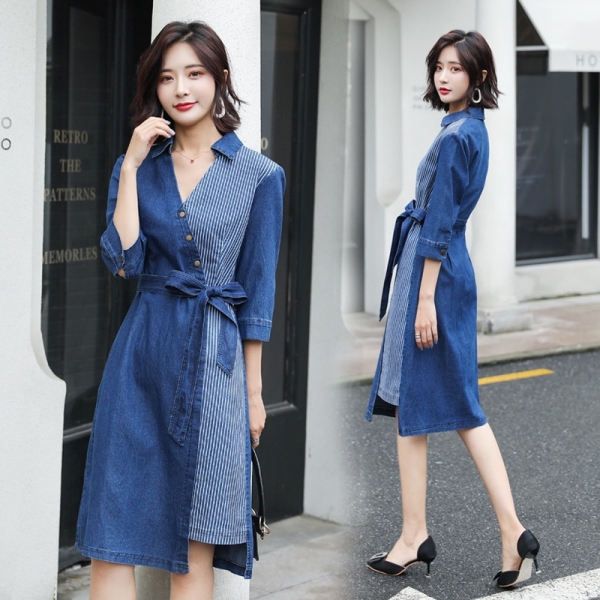 Plus Size Summer Jeans Dress Sexy Spliced Midi Dress V Neck Half Sleeve
