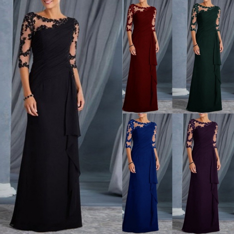 Women fashion Dress Lace Half Sleeves Round Neck Slim Fit Female Formal Gown H9