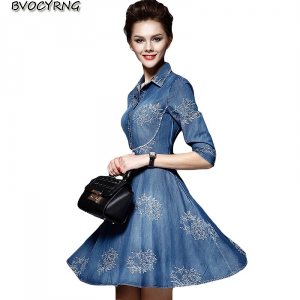Women Denim Dress 19 Spring/summer New Europe Fashion Half sleeve Embroidery Big swing dress female Plus Size Cowboy Dresses 1 Europe Fashion Half sleeve Embroidery Big swing dress