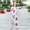 High Quality Summer Runway O-Neck Half Sleeve Printed Beading