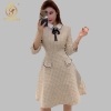 SMTHMA New Spring High Quality Women Plaid Tweed Party Dress Women Turn Down Collar Half Sleeve Dress Vestidos
